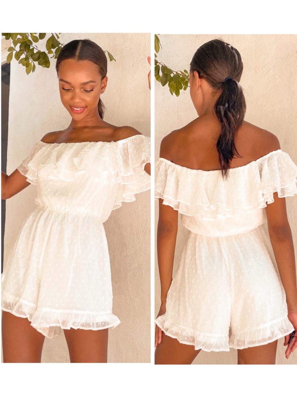 Lulus Frilled to Bits White Swiss Dot Off-the-Shoulder Romper Size Medium Beach